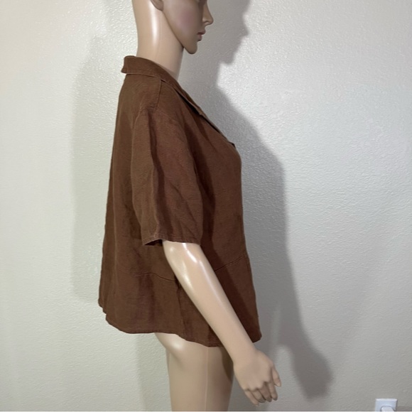 FLAX Brown Short Sleeve Button Shirt Top Linen Medium M - Picture 4 of 5